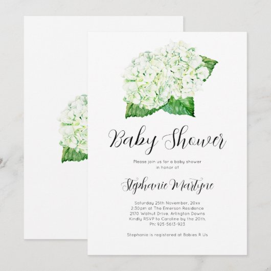 Witte Hydrangea Waterverf Botanisch Baby shower Kaart (Voorkant / Achterkant)