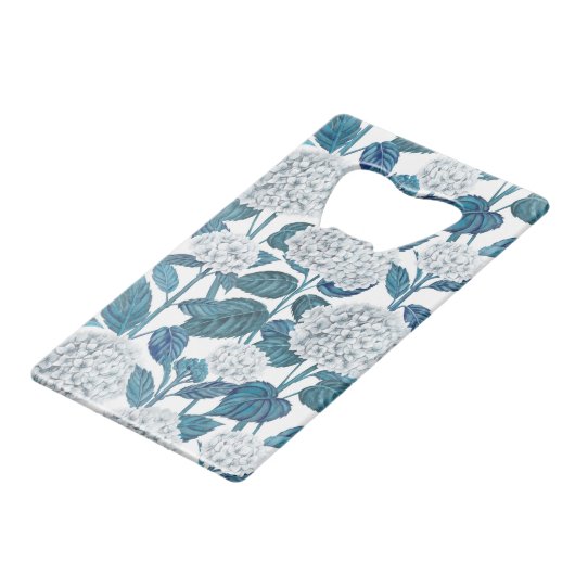 Witte hydrangea waterverf creditkaart flessenopener (Achterkant Gekanteld)