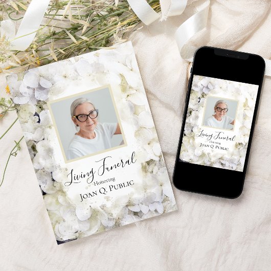 Witte Hydrangea Waterverf Levend Begrafenisfeest Kaart