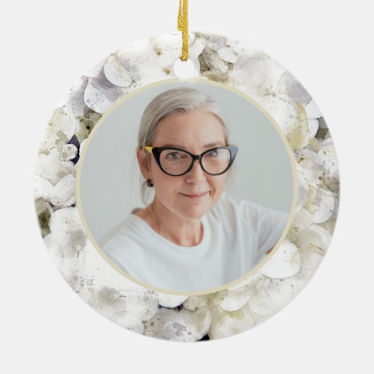 Witte Hydrangea Waterverf Memorial Keepsake Keramisch Ornament (Achterkant)