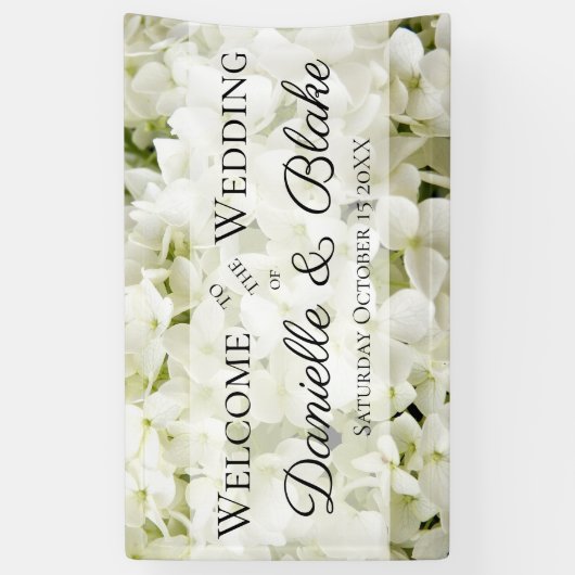 Witte Hydrangea welkom bruiloft banner (Verticaal)