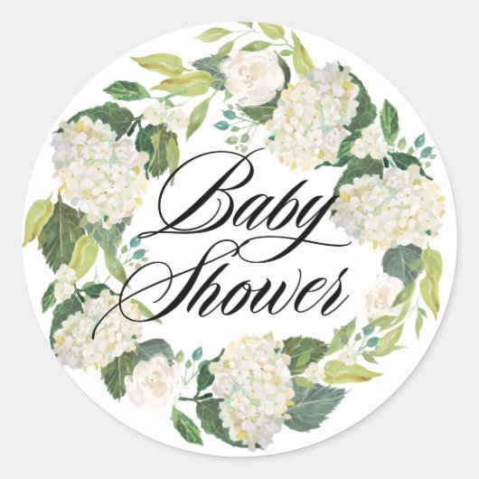 Witte Hydrangeabloemen Krans Baby Shower Ronde Sticker (Voorkant)