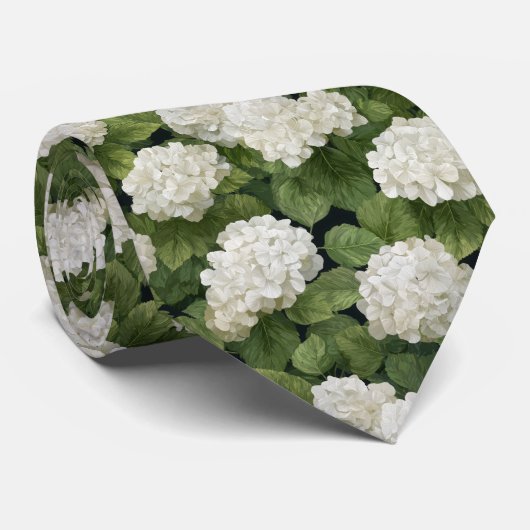 Witte Hydrangeabloemen met groen bladpatroon Stropdas (Opgerold)