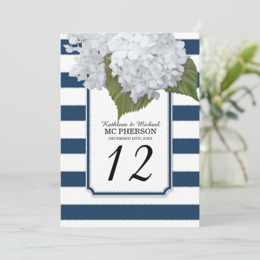 Witte Hydrangeabloemen Navy brede strepen Kaart (Staand voorkant)