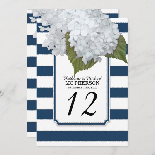 Witte Hydrangeabloemen Navy brede strepen Kaart (Voorkant / Achterkant)
