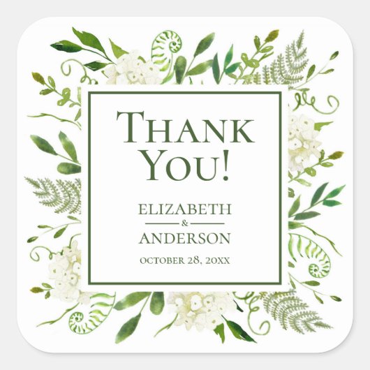 Witte Hydrangeas bloemenbruiloft dank u Vierkante Sticker (Voorkant)