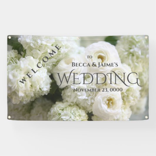 Witte hydrangeas en ranunculus spandoek (Horizontaal)