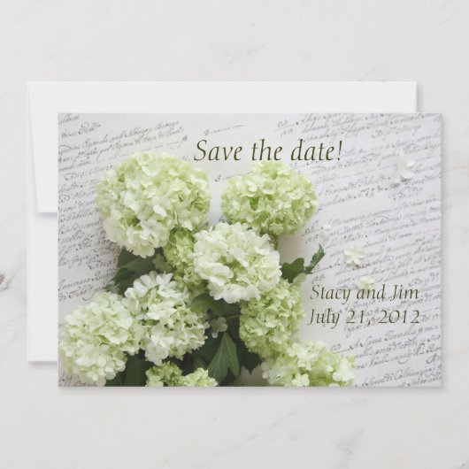 witte hydrangeas met script behalve de datum save the date (Voorkant)