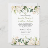 Witte Hydrangeas Rozen groen bruiloft uitnodiging (Voorkant)