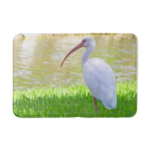 Witte ibis watervogel op één been in gras foto badmat