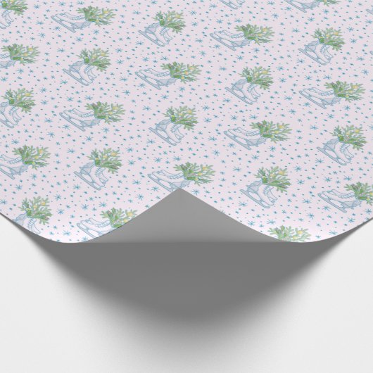Witte Ice Schaatsen Blauw Sneeuwvlokken Roze Kerst Cadeaupapier (Hoek)