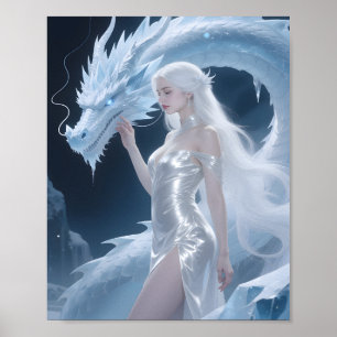 Witte Ijsdrakenkoningin Fantasy Zilver Blauw Poster