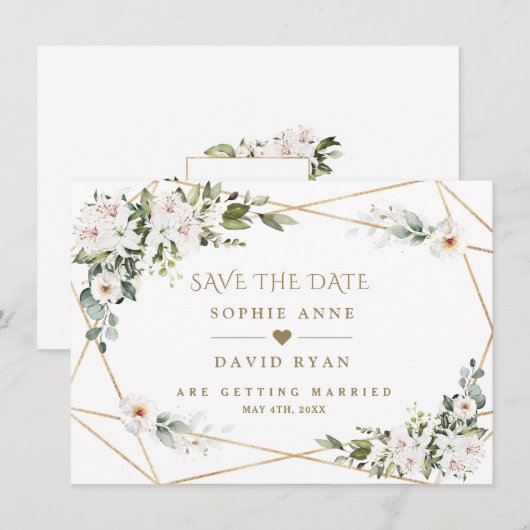 Witte Imperiale Lelies Roze Gouden Bruiloft Save The Date (Voorkant / Achterkant)