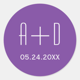 Witte initialen, eenvoudige paarse bruiloft ronde sticker