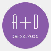 Witte initialen, eenvoudige paarse bruiloft ronde sticker (Voorkant)