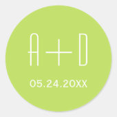 Witte initialen, lichtgroene, eenvoudige elegante ronde sticker (Voorkant)