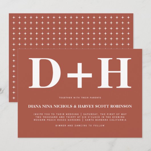 Witte initialen terracotta bold typografie bruilof kaart (Voorkant / Achterkant)