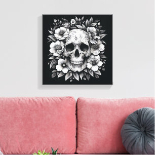 Witte inkt bloemenschedel gotische wandcanvas canvas afdruk