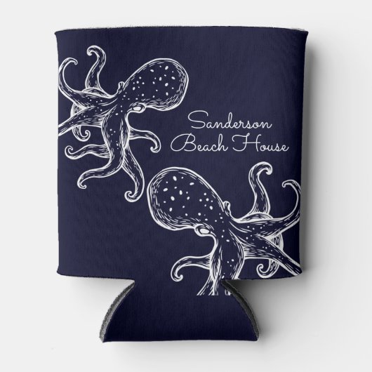 Witte inktvis (blauwe nautische zee) blikjeskoeler (Voorkant)