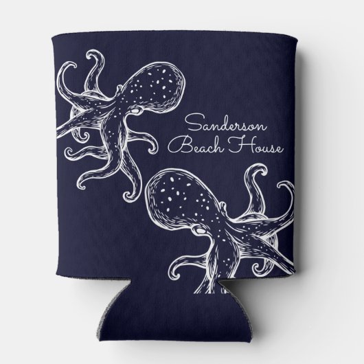 Witte inktvis (blauwe nautische zee) blikjeskoeler (Achterkant)