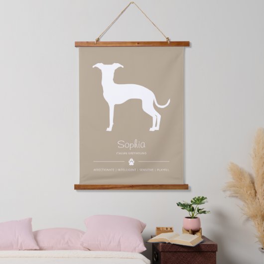 Witte Italiaanse Greyhound Silhouette op beige Hangend Wandkleed (Slaapkamer)