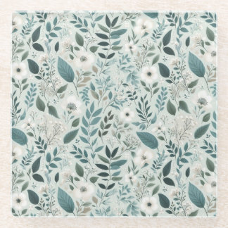 Witte ivoor Blauwgroen Waterverf Bloemen Glazen Onderzetter