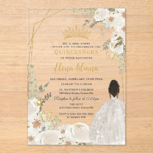 Witte Ivoor Bloem Bruin Prinses Goud Quinceanera Acryl Uitnodigingen