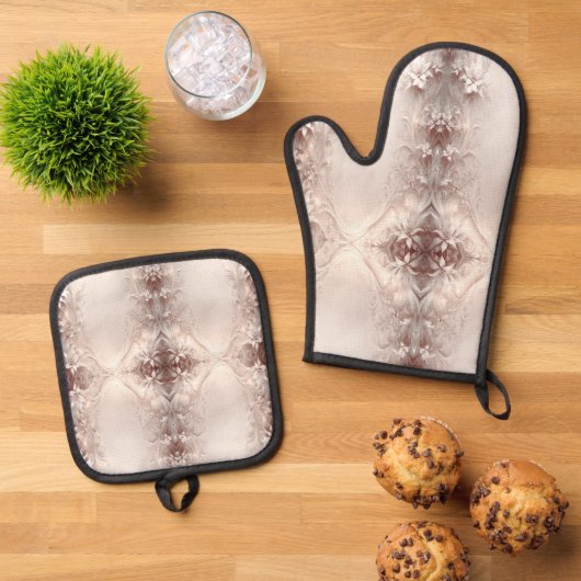 Witte Ivoor Bloemen Mitt & Pot Houder Set (Top down)