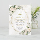 Witte Ivoor Rozen Eerste Heilige Communie Kaart (Staand voorkant)