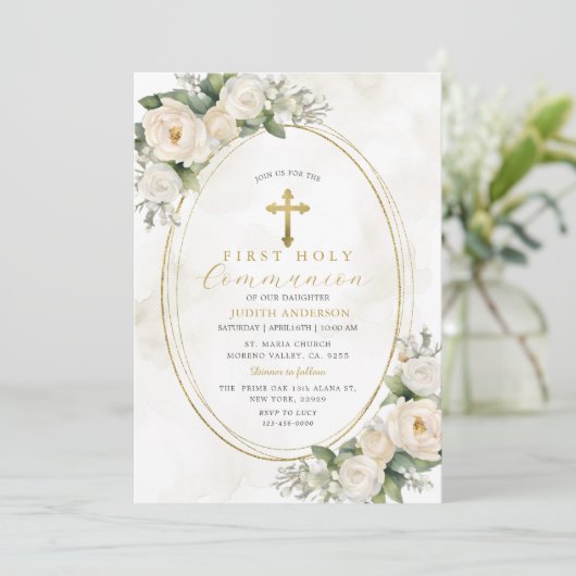 Witte Ivoor Rozen Eerste Heilige Communie Kaart (Staand voorkant)