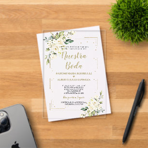 Witte Ivoren Bloem Goud Nuestra Boda Calligrafie Acryl Uitnodigingen