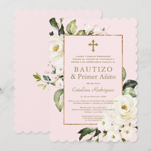 Witte Ivoren Bloemen Spaanse 1e Verjaardag Doopfee Kaart (Voorkant / Achterkant)