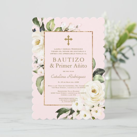 Witte Ivoren Bloemen Spaanse 1e Verjaardag Doopfee Kaart (Staand voorkant)