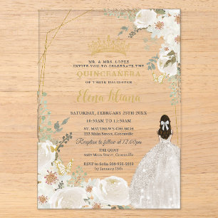 Witte Ivoren Bloemige Prinses Gouden Quinceanera 1 Acryl Uitnodigingen