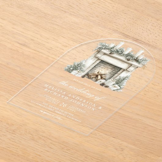 Witte Ivoren Kerst Open Haard Boog Huwelijk Acryl Uitnodigingen (Laagn)