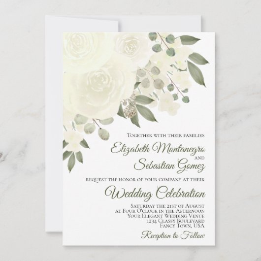 Witte ivoren Rozen en bloesems Elegant Wedding Kaart (Voorkant)