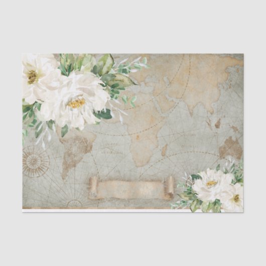  Witte Ivory Floral Oude Wereldkaart Ontkoppeling Tissuepapier (Voorkant)