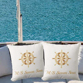 Witte jacht naam gouden stuurwiel buitenkussen