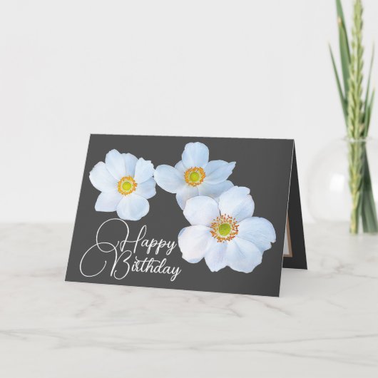 Witte Japanse Anemones Grey Color Background Kaart (Voorkant)