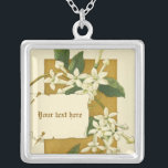 witte jasmijnbloemen zilveren ketting<br><div class="desc">Witte jasmijnbloemen met groene bladeren  waterverf tekening zilveren ketting,  met een waterverf tekening van witte jasmijnbloemen en een vastgezette noot op bruin en ivoren achtergrond. Een nieuwe benadering van een  ontwerp.</div>