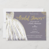 Witte jurk goud glitters paars grijs bruidsdouche kaart (Voorkant)