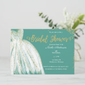 Witte jurk & gouden glitter turquoise bruidsdouche kaart (Staand voorkant)