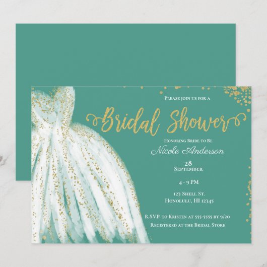 Witte jurk & gouden glitter turquoise bruidsdouche kaart (Voorkant / Achterkant)