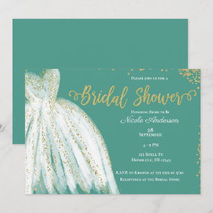 Witte jurk & gouden glitter turquoise bruidsdouche kaart
