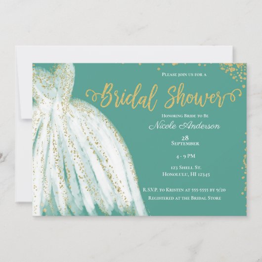 Witte jurk & gouden glitters turquoise bruidsmeisj kaart (Voorkant)