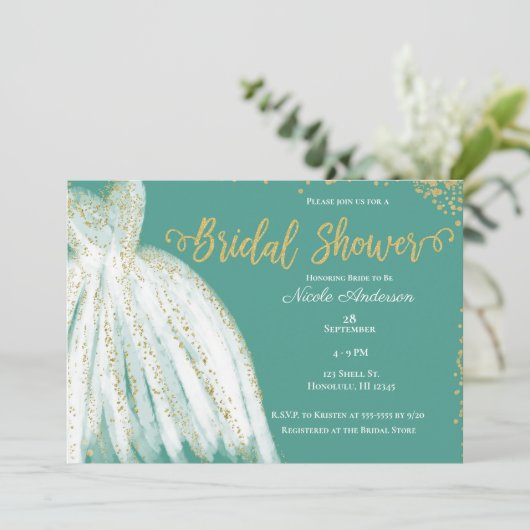 Witte jurk & gouden glitters turquoise bruidsmeisj kaart (Staand voorkant)