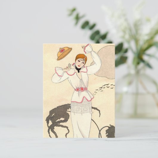 Witte jurk met rozenriem van George Barbier Briefkaart (Staand voorkant)
