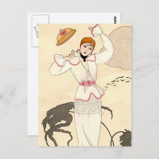 Witte jurk met rozenriem van George Barbier Briefkaart (Voorkant / Achterkant)