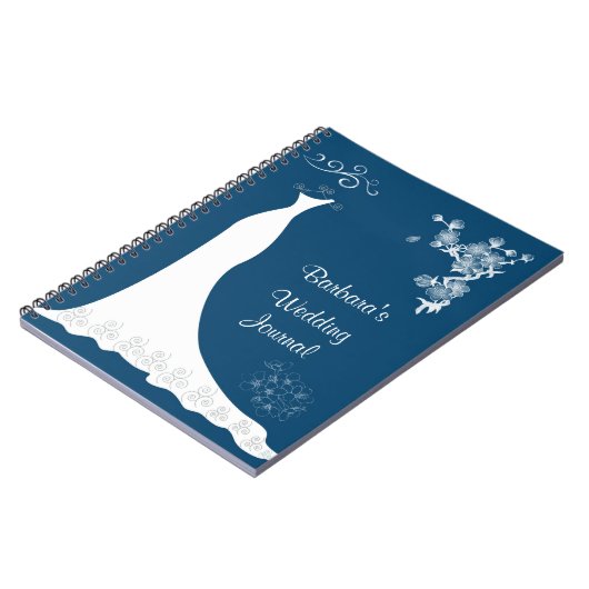 Witte jurk op een blauwe bruiloft-bord notitieboek (Linkerzijde)