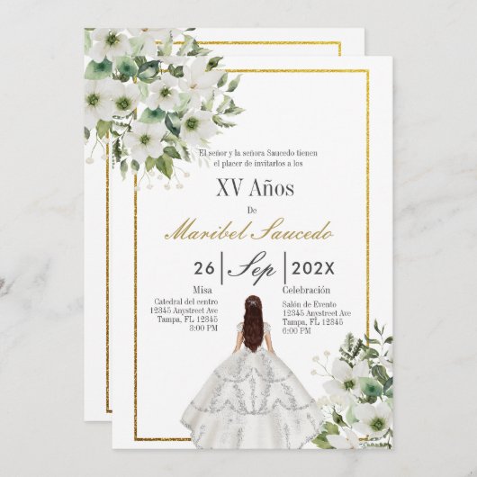 Witte jurk quinceañera kaart (Voorkant / Achterkant)